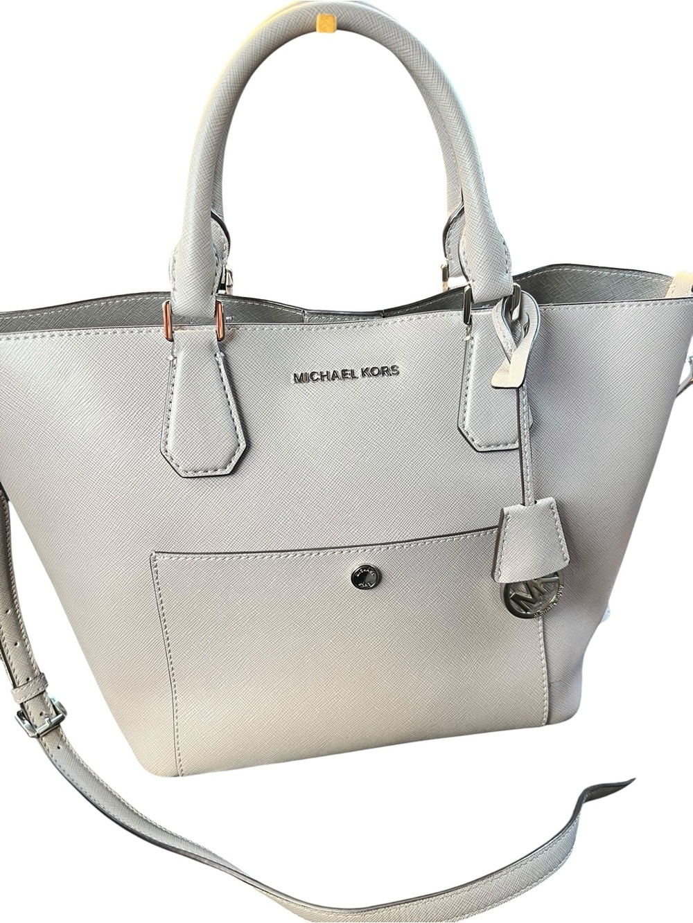 Michael Kors Greenwich Light Gray Saffiano Leather Tote with Front Pocket